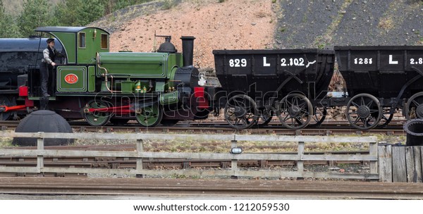 Beamish. England. 04.18.18. An old historic
steam engine in the goods shunting yard at Beamish Open Air Museum
in the northeast of
England.