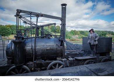 Beamish,Durham,UK 4 October 2021. Working Replica Steam Engine Puffing Billy With Driver.