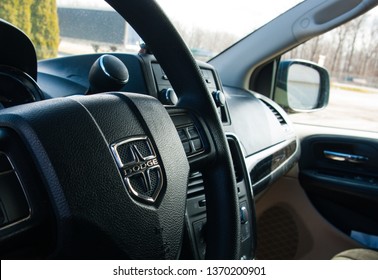 Beamsville, Canada - April, 15 2019; Dodge Caravan Steering Wheel With Dodge Logo