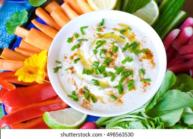 Bean Dip With Chives Served With Colorful Veggie Sticks