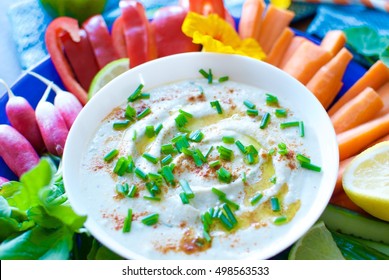 Bean Dip With Chives Served With Colorful Veggie Sticks