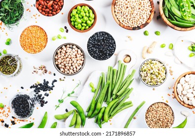 Beans, legumes and green sprouts. Dried, raw and fresh, top view. Red beans, lentils, chickpeas, soybeans. Healthy, nutritious, diet food, vegan protein, micronutrients and fiber sources