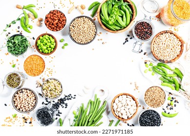 Beans, legumes and green sprouts. Dried, raw and fresh, top view. Red beans, lentils, chickpeas, soybeans. Healthy, nutritious, diet food, vegan proetin, micronutrients and fiber sources