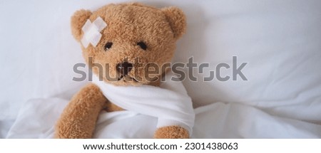 bear with bandage, child medical care . injured child teddy bear and painful in hospital, fell ill in the bed, accident, insurance, health care, risk, loss, emergency, protection, treat, kid , baby

