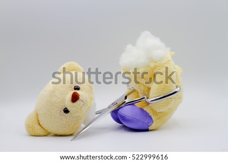 bear doll use scissors to cut himself a teddy bear : Suicide bear.Bear with his head cut off isolated on white background