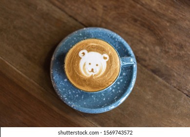 Bear Face Latte Art Coffee Shape On Wooden Table, Wooden Table 