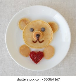 Bear Holding Love Heart Pancake Breakfast, Fun Valentines Food Art For Kids