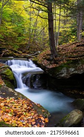 Bear Hole Brook Cascades - Long Exposure Of Waterfall In Autumn - Catskill Mountains + Appalachian Mountain Region - New York