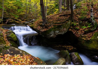 Bear Hole Brook Cascades - Long Exposure Of Waterfall In Autumn - Catskill Mountains + Appalachian Mountain Region - New York