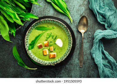 Bear leek soup or ramson soup with crouton, sour cream and turkey skewer on green background