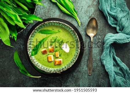Bear leek soup or ramson soup with crouton, sour cream and turkey skewer on green background