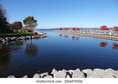 The Bear River in Petoskey, Michigan flows into Little Traverse Bay and Lake Michigan, with the waters of Walloon Lake providing the source of most of the river's volume. - Shutterstock ID 2066970506