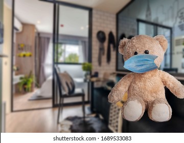 A Bear That Wears A Germ Repellent, Covid 19, Inside The House. For The Safety Of Life And Not Transmitting Infection