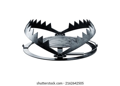 Bear trap isolated on white background, metal trap. Addiction, hunting, poaching, credit mortgage. 3D render, 3D illustration - Shutterstock ID 2162642505