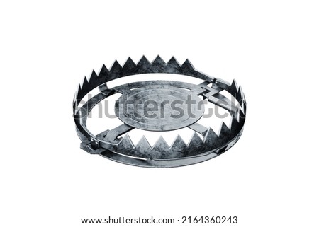 Bear trap isolated on white background, metal trap. Addiction, hunting, poaching, credit mortgage. 3D render, 3D illustration
