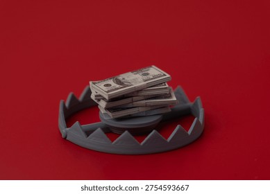 A bear trap set with a stack of US dollar bills. Financial traps, debt, risky investments, and economic danger concept.