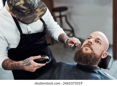 Beard, electric razor and barber with man for shave, haircut and grooming for hygiene, wellness or cosmetics. Barbershop, salon parlor and person with machine, equipment and blade for hair service - Powered by Shutterstock