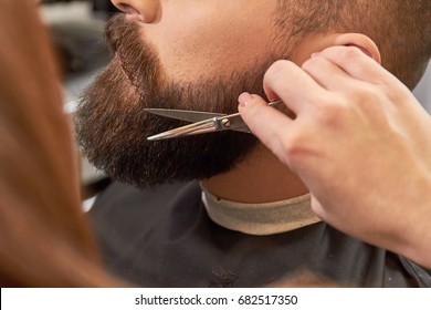 Beard and hand with scissors. Facial hair trimming.