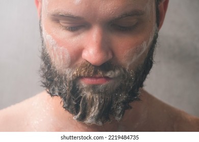 Beard Handsome Man In Shower Steam, Hygiene Dermatology Beauty