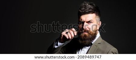 Beard man with classic long beard amd mustaches, bearded gay. Barber, barbershop. Mustache moustache men. Templates web banner design. Horizontal website header.