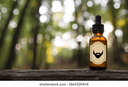 Beard Oil - Barbershop Product Photography, Concept. Natural Beard Oil, Brown Bottle. MOCKUP - Copy Space On Bottle. 