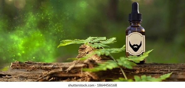 Beard Oil - Barbershop Product Photography, Banner. Natural Beard Oil, Brown Bottle. MOCKUP - Copy Space For Text.