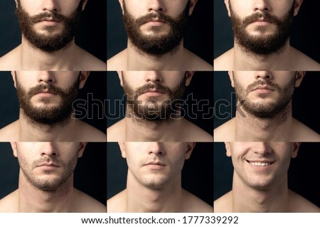 Beard, shave before and after. Male chin close-up with a beard, bristles and smooth-billed. Collage of varying degrees of hair growth.