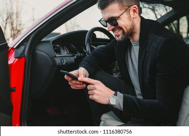 Bearded Businessman Using Cell Phone, Bearded Man In Stylish Jacket, Man In Sunglasses, Man In Luxury Car, Hairstyle, Pretty, Attractive, Rich, Hand Watch, Jeans, Busy, Phone Work, Designer, Happy