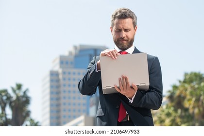 Bearded Businessperson In Formalwear Working On Computer Outside The Office, Agile Business