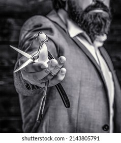 Bearded Client Visiting Barber Shop. Barber Scissors And Straight Razor, Barber Shop, Suit. Vintage Barber Shop, Shaving. Black And White.