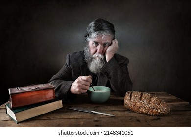 Bearded Depressed Old Man Eating Porridge