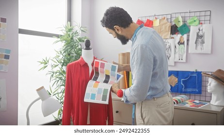 A bearded designer analyzing color palettes in a bright tailoring studio with mannequins, fabric, and sketches. - Powered by Shutterstock