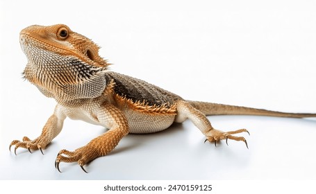 Bearded dragon lizard - Pogona vitticeps - a reptile household pet.  The name refers to the underside of the throat and have broad, triangular heads, flattened bodies. Isolated on white background - Powered by Shutterstock