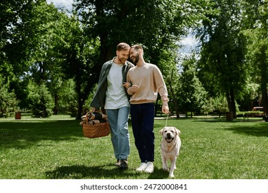 A bearded gay couple walks through a green park with their labrador retriever. They are both smiling and appear to be enjoying each others company. - Powered by Shutterstock