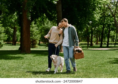 A bearded gay couple walks through a green park with their labrador dog, enjoying a sunny day. - Powered by Shutterstock