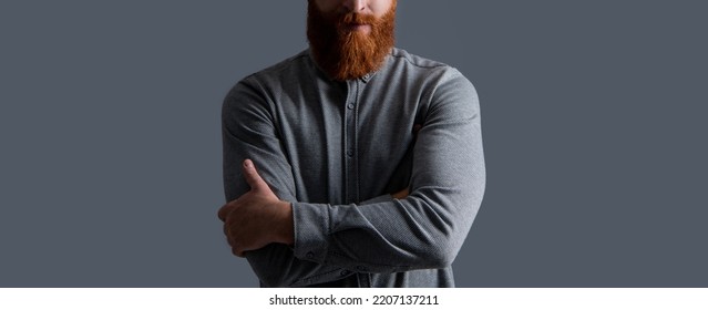 Bearded Guy With Long Beard Isolated On Grey Background. Studio Shot Of Bearded Guy.