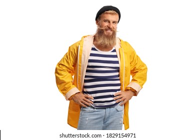 Bearded guy with a striped t-shirt and a yellow rain coat smiling isolated on white background