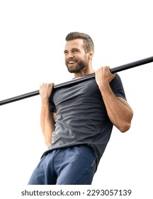 Bearded handsome man, doing pulling up exercise at horizontal bar, during workout fit training. Fitness, sport, crossfit concept. Isolated on white background. - Shutterstock ID 2293057139