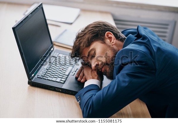 Bearded Man Asleep On Desk Front Stock Photo Edit Now 1155081175