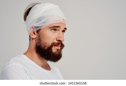 Bearded Man With Bandaged Head Bandage Blood Concussion Hospitalization Headache Medicine