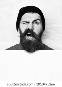 Bearded Man In Black Cap, Long Beard, Brutal Caucasian Hipster With Moustache Getting Beard Haircut By Hairdresser At Barbershop With Happy Smiling Face On Green Studio Wall Background, Copy Space