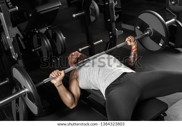 Bearded Man Bodybuilder Exercising Gym Lying Stock Image