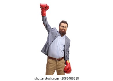 Bearded Man With Boxing Gloves Raising One Arm Isolated On White Background