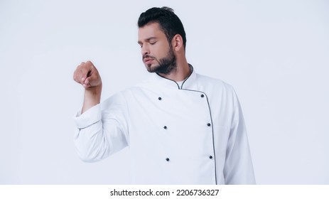 Bearded Man In Chef Jacket Seasoning Something Isolated On White