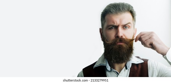 Bearded man with classic long beard amd mustaches, retro bearded gay. Barber, vintage barbershop. Mustache moustache men. Templates web banner design. Horizontal website header.