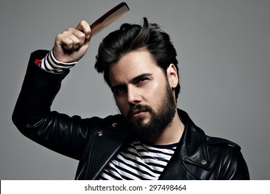 Bearded Man Comb His Hair