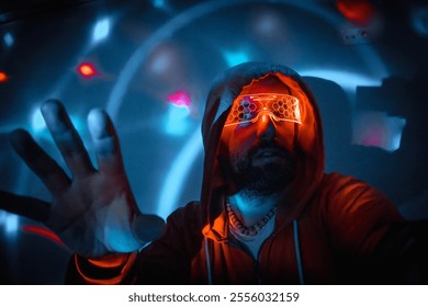 Bearded man with futuristic orange glasses interacting with holographic interface in virtual reality environment - Powered by Shutterstock