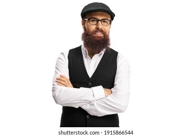 Bearded Man Hipster In A White Shirt And Black Vest Posing Isolated On White Background