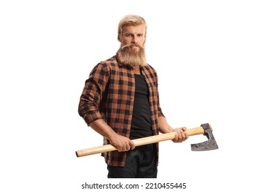 Bearded Man Holding A Hatchet Isolated On White Background