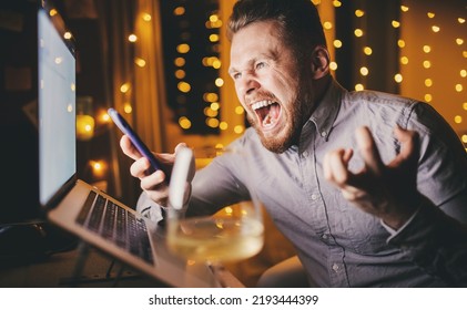 Bearded Man Home Workplace Screaming And Angry. Concept Anger Issues And Stress.